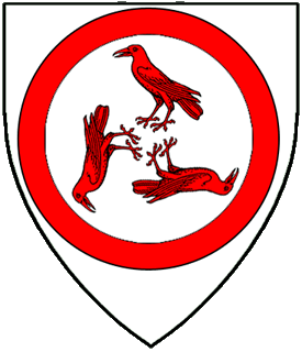 Argent, three ravens in pall inverted within an annulet gules.
