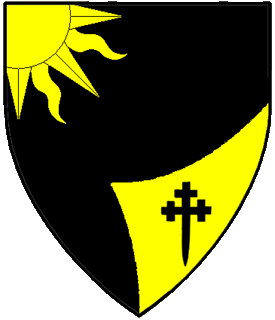 Sable, on a sinister gore Or, a cross crosslet fitchy sable, issuant out of dexter chief a sun Or.