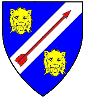 Azure, on a bend sinister argent between two lion's heads cabossed Or an arrow inverted gules.
