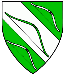 Vert, on a bend between two bows bendwise argent, a bow vert.