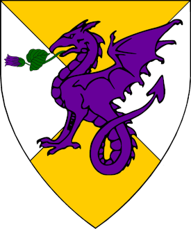 Per saltire Or and argent, a wyvern maintaining in its mouth a belladona flower purpure slipped and leaved vert.