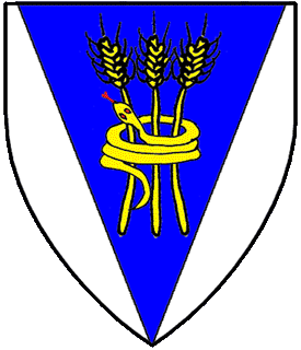 Or, on a pile throughout azure, involved about three stalks of wheat, a serpent Or, orbed, armed, and langued gules.