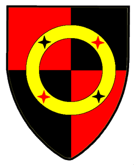 Quarterly gules and sable, an annulet Or charged in saltire with four mullets of four points counterchanged.