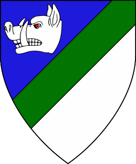 Per bend sinister azure and argent, a bend sinister vert and in chief a boar's head couped close argent.