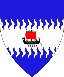 Azure, on a fess rayonny argent a drakkar sable sailed gules