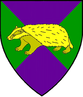 Per saltire purpure and vert, a badger statant Or.