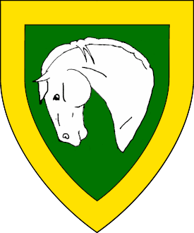 Vert, a horse’s head couped argent, a bordure Or.