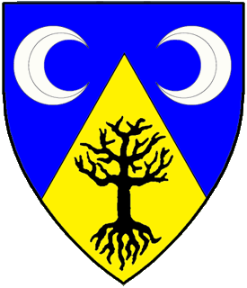 Per chevron azure and Or, a decrescent and an increscent argent and a tree blasted and eradicated sable.