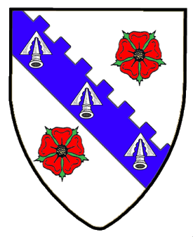 Argent, on a bend embattled azure between two roses proper, three pheons inverted palewise argent.