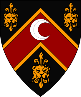 Sable, on a chevron gules fimbriated between three lion’s heads jessant-de-lys Or a decrescent argent