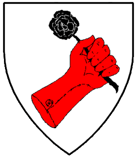 Argent, a sinister glove bendwise sinister gules grasping the stem of a garden rose slipped bendwise sable.