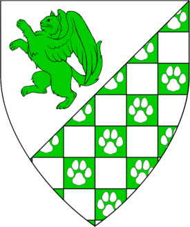 Per bend sinister argent and checky vert semy of pawprints argent and argent, a winged domestic cat rampant vert Device or arms for Anabella la Bolde