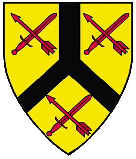 Or, a pall inverted sable between three pairs each of an arrow inverted and a sword crossed in saltire gules.