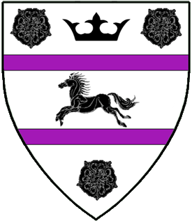 Argent, a horse courant sable between two bars purpure between three roses sable and for augmentation, in chief an ancient crown sable.