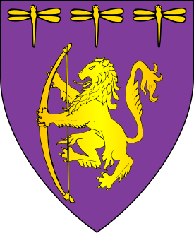 Purpure, a lion sustaining a bow, in chief three dragonflies Or.