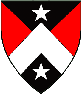 Per saltire sable and gules, a chevron between two mullets argent.