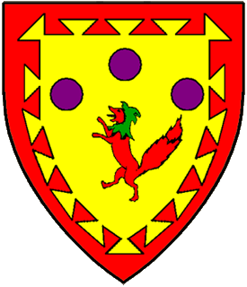 Or, a fox rampant gules wearing a fool's cap vert, in chief three golpes one and two all within a bordure dovetailed gules.