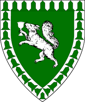 Vert, a squirrel rampant maintaining a chalice argent, a bordure vairy argent and vert.