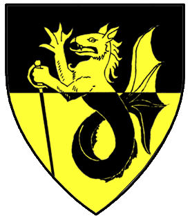 Per fess sable and Or, a sea-tyger erect maintaining a rapier inverted counterchanged.