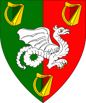 Per pale vert and gules, a wyvern statant contourny argent between three harps Or.