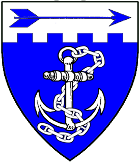 Azure, an anchor fouled of its chain and on a chief embattled argent an arrow azure.