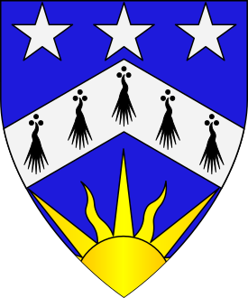 Azure, a chevron ermine between three mullets argent and a demi-sun issuant from base Or.