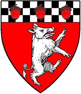 Gules, a boar rampant
to sinister argent and on a chief checky argent and sable three acorns
gules.