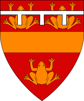 Gules, a fess between three frogs Or, a label argent Device or arms for Aristophanes Emporos