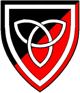 Per bend sinister sable and gules, a triquetra inverted argent within an orle argent.