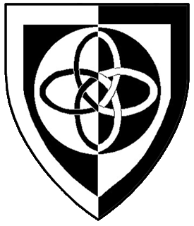 Per pale sable and argent, on a roundel a quatrefoil knot within a bordure all counterchanged.