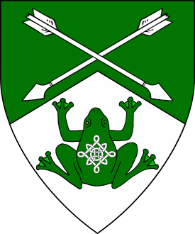 Per chevron vert and argent, two arrows in saltire argent and on a frog vert a Lacy knot argent.