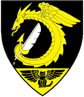 Sable, a winged serpent embowed Or maintaining with its tail a quill pen bendwise sinister argent, on a base Or a winged cat sejant affronty sable.