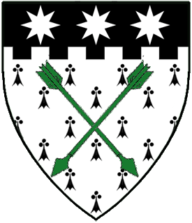 Ermine, two arrows in saltire vert and on a chief embattled sable three mullets of eight points argent.