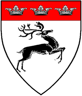 Argent, a reindeer salient contourny sable and on a chief gules three coronets argent.