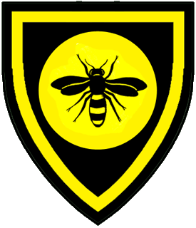 Sable, on a bezant a bee sable marked Or, an orle Or.
