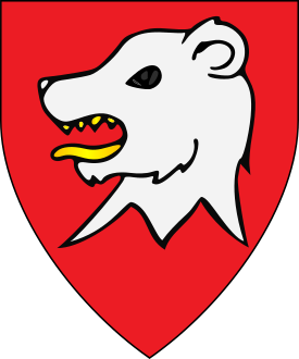 Gules, a bear's head erased argent, armed and langued Or, orbed sable.