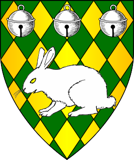 Lozengy vert and Or, a rabbit statant and in chief three hawk