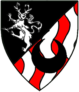 Per bend sinister sable and paly wavy gules and argent, a calygreyhound rampant guardant argent and a crescent sable.