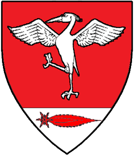 Gules, a heron rising wings displayed and on a base argent a comet fesswise gules.
