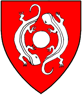 Gules, between two newts tergiant in annulo a roundel argent.