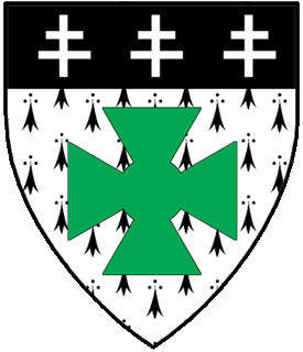 Ermine, a cross formy nowy vert and on a chief sable three crosses of Lorraine argent.
