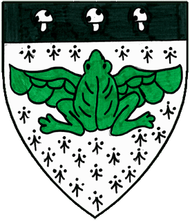 Ermine, a winged frog vert and on a chief sable three mushrooms argent. Device or arms for Beak Bell of Dumfries