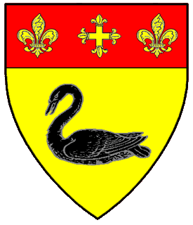 Or, a swan naiant sable on a chief gules a cross fleuretty between two fleurs-de-lis Or.