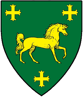 Vert, a horse passant contourny between three crosses flory Or.