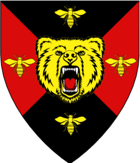 Per saltire sable and gules, a bear's head cabossed between in cross four bees Or.
