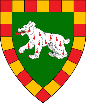 Vert, a bear passant argent goutty de sang, a bordure compony gules and Or