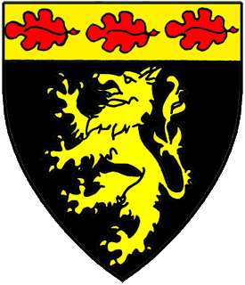 Sable, a tyger rampant and on a chief Or three oak leaves fesswise gules.