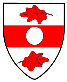 Argent, on a fess between two oak leaves fesswise, the lower reversed, gules, a plate.
