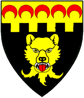 Sable, a bear's head affronty erased and on a chief embattled Or five crescents pendant gules.