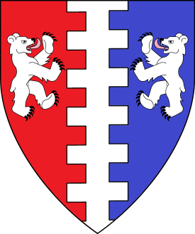 Per pale gules and azure, a pale bretessed between two bears combattant argent